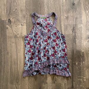 Velvet Graham & Spencer Floral Halter Top M Blue Red Cotton Silk Ruffle Boho